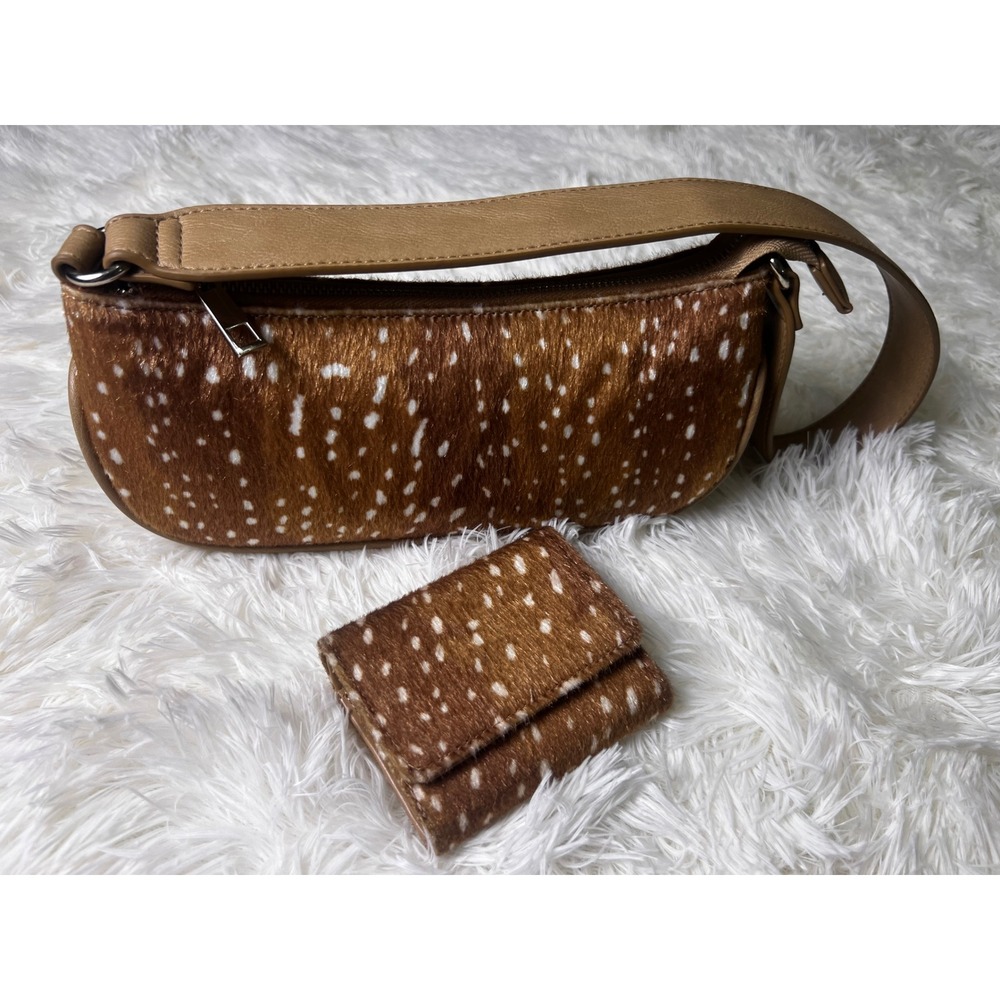 Fawn Deer Print Faux Fur Baguette Shoulder Bag Purse Matching Wallet Western Set